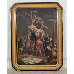 ANTICO QUADRO OLEOGRAFIA Deposizione di Cristo Croce STAMPA TELA Cornice Dorata