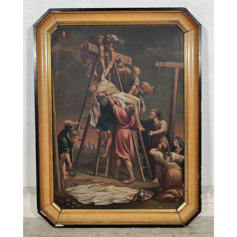 ANTICO QUADRO OLEOGRAFIA Deposizione di Cristo Croce STAMPA TELA Cornice Dorata