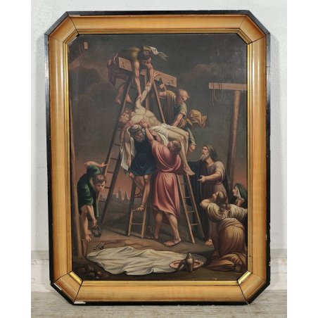 ANTICO QUADRO OLEOGRAFIA Deposizione di Cristo Croce STAMPA TELA Cornice Dorata