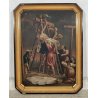 ANTICO QUADRO OLEOGRAFIA Deposizione di Cristo Croce STAMPA TELA Cornice Dorata