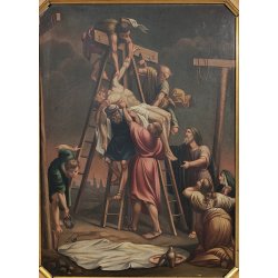 ANTICO QUADRO OLEOGRAFIA Deposizione di Cristo Croce STAMPA TELA Cornice Dorata