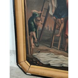 ANTICO QUADRO OLEOGRAFIA Deposizione di Cristo Croce STAMPA TELA Cornice Dorata