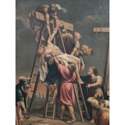 ANTICO QUADRO OLEOGRAFIA Deposizione di Cristo Croce STAMPA TELA Cornice Dorata