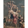 ANTICO QUADRO OLEOGRAFIA Deposizione di Cristo Croce STAMPA TELA Cornice Dorata