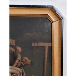 ANTICO QUADRO OLEOGRAFIA Deposizione di Cristo Croce STAMPA TELA Cornice Dorata