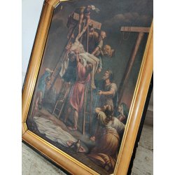 ANTICO QUADRO OLEOGRAFIA Deposizione di Cristo Croce STAMPA TELA Cornice Dorata