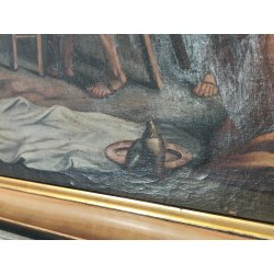 ANTICO QUADRO OLEOGRAFIA Deposizione di Cristo Croce STAMPA TELA Cornice Dorata