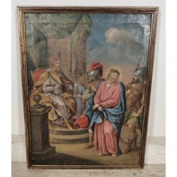 ANTICO DIPINTO RELIGIOSO XIX SEC olio tela Gesù al Cospetto di Caifa CORNICE ORO