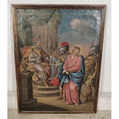 ANTICO DIPINTO RELIGIOSO XIX SEC olio tela Gesù al Cospetto di Caifa CORNICE ORO