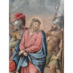 ANTICO DIPINTO RELIGIOSO XIX SEC olio tela Gesù al Cospetto di Caifa CORNICE ORO
