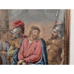 ANTICO DIPINTO RELIGIOSO XIX SEC olio tela Gesù al Cospetto di Caifa CORNICE ORO