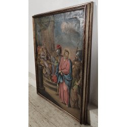 ANTICO DIPINTO RELIGIOSO XIX SEC olio tela Gesù al Cospetto di Caifa CORNICE ORO