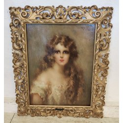 QUADRO DIPINTO OLIO TAVOLA G. Maldarelli RITRATTO DONNA '900 CORNICE BAROCCA