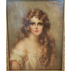 QUADRO DIPINTO OLIO TAVOLA G. Maldarelli RITRATTO DONNA '900 CORNICE BAROCCA