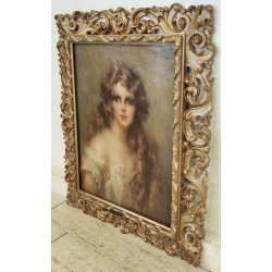 QUADRO DIPINTO OLIO TAVOLA G. Maldarelli RITRATTO DONNA '900 CORNICE BAROCCA