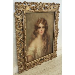 QUADRO DIPINTO OLIO TAVOLA G. Maldarelli RITRATTO DONNA '900 CORNICE BAROCCA
