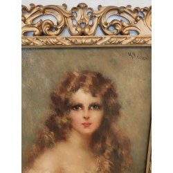 QUADRO DIPINTO OLIO TAVOLA G. Maldarelli RITRATTO DONNA '900 CORNICE BAROCCA