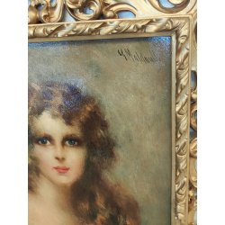 QUADRO DIPINTO OLIO TAVOLA G. Maldarelli RITRATTO DONNA '900 CORNICE BAROCCA
