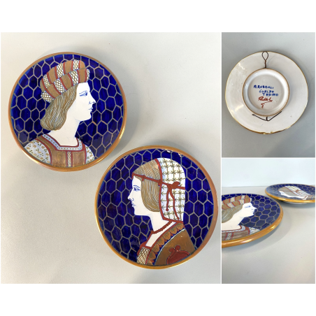 COPPIA PIATTO da POMPA MAIOLICA LUSTRO ORO  A. Rubboli Gualdo Tadino ø 20 cm '40