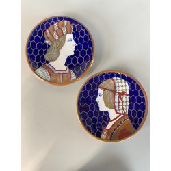 COPPIA PIATTO da POMPA MAIOLICA LUSTRO ORO  A. Rubboli Gualdo Tadino ø 20 cm '40