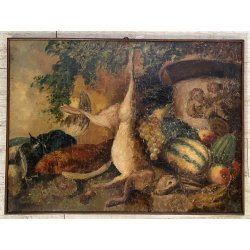 GRANDE ANTICO DIPINTO OLIO NATURA MORTA CACCIAGIONE FAGIANO LEPRE FRUTTA AUTUNNO