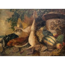 GRANDE ANTICO DIPINTO OLIO NATURA MORTA CACCIAGIONE FAGIANO LEPRE FRUTTA AUTUNNO
