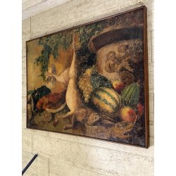 GRANDE ANTICO DIPINTO OLIO NATURA MORTA CACCIAGIONE FAGIANO LEPRE FRUTTA AUTUNNO