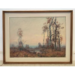 QUADRO DIPINTO OLIO TELA Artino Giroldi 1964 PAESAGGIO Bosco Laghetto TRAMONTO