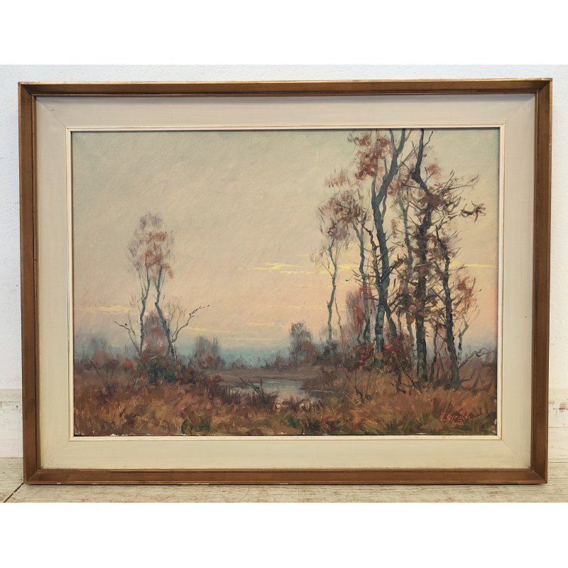 QUADRO DIPINTO OLIO TELA Artino Giroldi 1964 PAESAGGIO Bosco Laghetto TRAMONTO