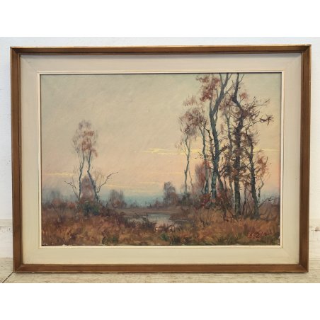 QUADRO DIPINTO OLIO TELA Artino Giroldi 1964 PAESAGGIO Bosco Laghetto TRAMONTO