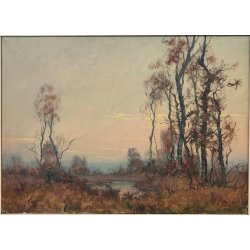 QUADRO DIPINTO OLIO TELA Artino Giroldi 1964 PAESAGGIO Bosco Laghetto TRAMONTO