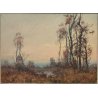 QUADRO DIPINTO OLIO TELA Artino Giroldi 1964 PAESAGGIO Bosco Laghetto TRAMONTO