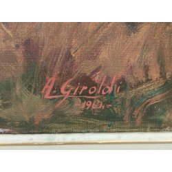 QUADRO DIPINTO OLIO TELA Artino Giroldi 1964 PAESAGGIO Bosco Laghetto TRAMONTO