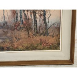 QUADRO DIPINTO OLIO TELA Artino Giroldi 1964 PAESAGGIO Bosco Laghetto TRAMONTO