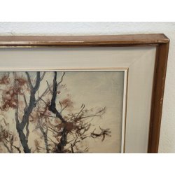 QUADRO DIPINTO OLIO TELA Artino Giroldi 1964 PAESAGGIO Bosco Laghetto TRAMONTO