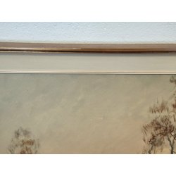 QUADRO DIPINTO OLIO TELA Artino Giroldi 1964 PAESAGGIO Bosco Laghetto TRAMONTO