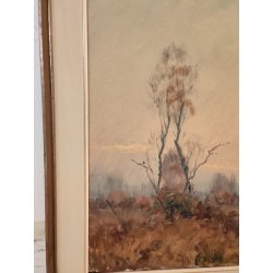 QUADRO DIPINTO OLIO TELA Artino Giroldi 1964 PAESAGGIO Bosco Laghetto TRAMONTO