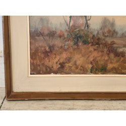QUADRO DIPINTO OLIO TELA Artino Giroldi 1964 PAESAGGIO Bosco Laghetto TRAMONTO