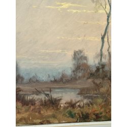 QUADRO DIPINTO OLIO TELA Artino Giroldi 1964 PAESAGGIO Bosco Laghetto TRAMONTO