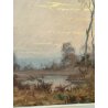 QUADRO DIPINTO OLIO TELA Artino Giroldi 1964 PAESAGGIO Bosco Laghetto TRAMONTO