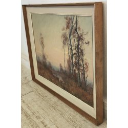 QUADRO DIPINTO OLIO TELA Artino Giroldi 1964 PAESAGGIO Bosco Laghetto TRAMONTO