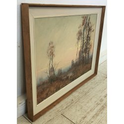 QUADRO DIPINTO OLIO TELA Artino Giroldi 1964 PAESAGGIO Bosco Laghetto TRAMONTO