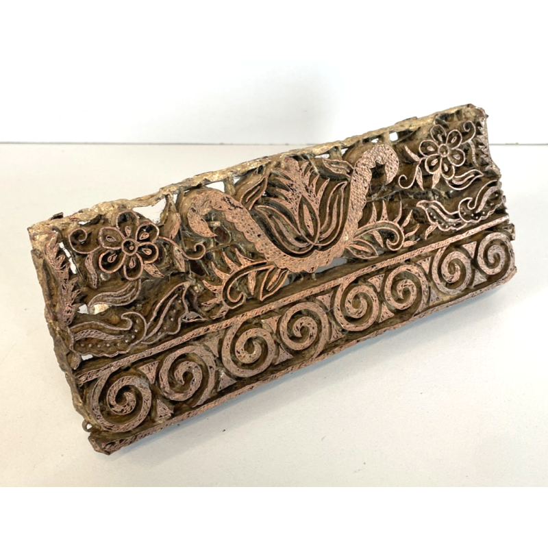 ANTICO TIMBRO TESSILE BLOCCO STAMPA RAME TAMPONE INCHIOSTRO FIORI 19x17cm '900