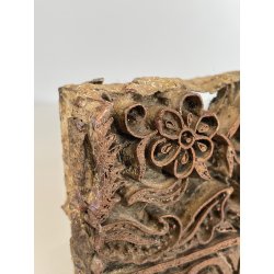 ANTICO TIMBRO TESSILE BLOCCO STAMPA RAME TAMPONE INCHIOSTRO FIORI 19x17cm '900