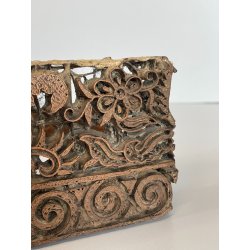 ANTICO TIMBRO TESSILE BLOCCO STAMPA RAME TAMPONE INCHIOSTRO FIORI 19x17cm '900