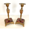 ANTICA COPPIA CANDELIERI PORTA CANDELA BRONZO DORATO ONICE 17h EPOCA '800 PUTTI