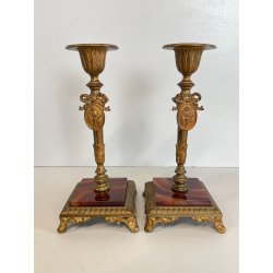 ANTICA COPPIA CANDELIERI PORTA CANDELA BRONZO DORATO ONICE 17h EPOCA '800 PUTTI