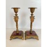 ANTICA COPPIA CANDELIERI PORTA CANDELA BRONZO DORATO ONICE 17h EPOCA '800 PUTTI