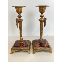 ANTICA COPPIA CANDELIERI PORTA CANDELA BRONZO DORATO ONICE 17h EPOCA '800 PUTTI