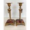 ANTICA COPPIA CANDELIERI PORTA CANDELA BRONZO DORATO ONICE 17h EPOCA '800 PUTTI
